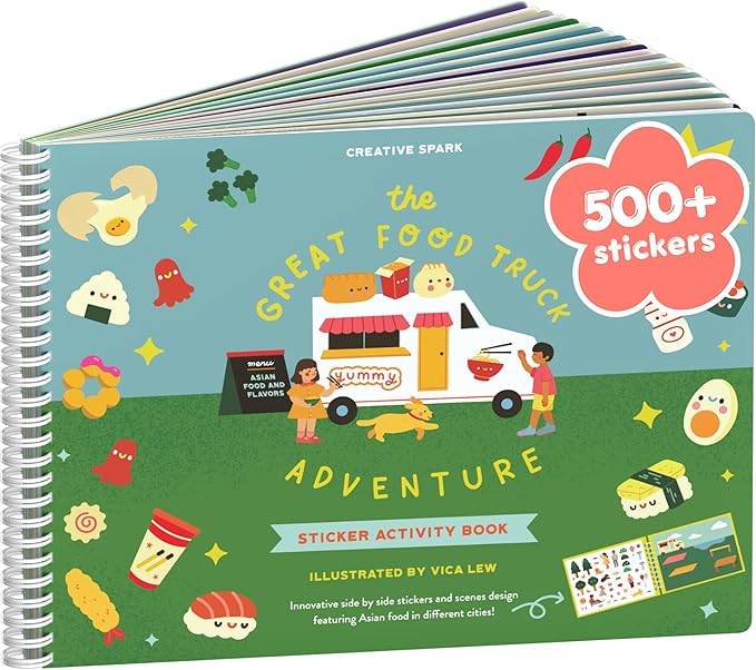 Food Truck Adventure 500+ Kids Sticker Book by Cupkin Fun Toddler Travel Activity Coloring and Sticker Book, Road Trip Essentials, 12 Coloring Pages + 12 Scenes for Ages 2–8 Years