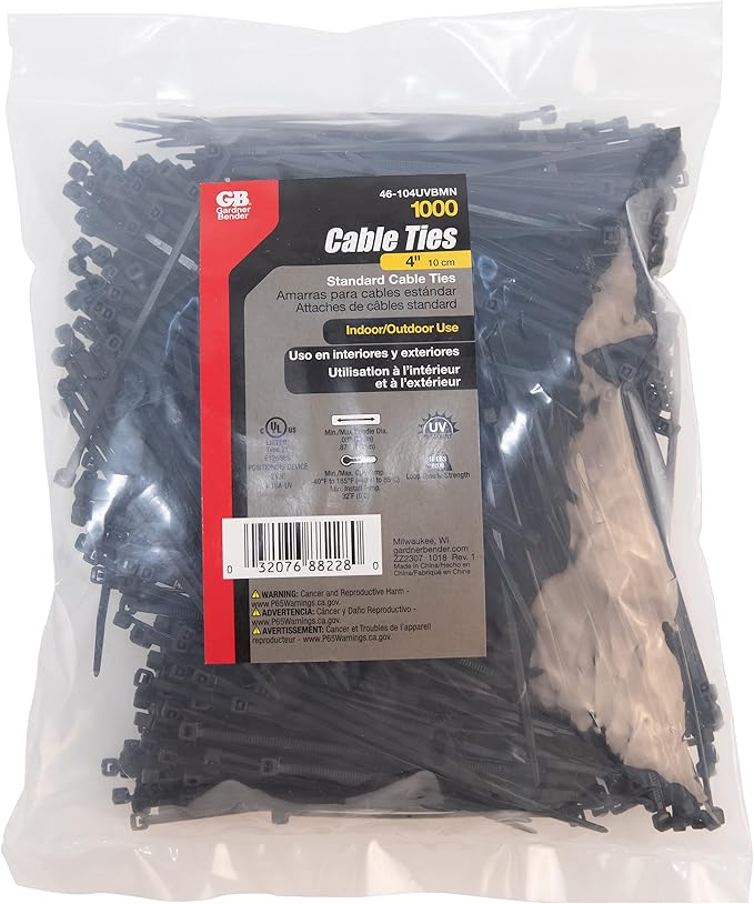 Gardner Bender 46-104UVBMN Nylon Cable Tie, 4 in., Black