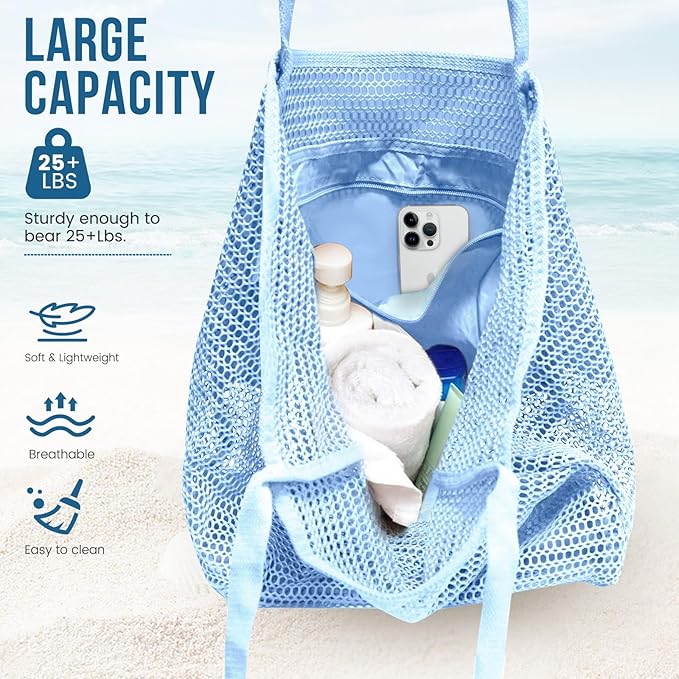 HOHOM Beach Bags for Women, Summer Travel Mesh Tote Bag with Large Inner Pocket, Sandproof Woven Shoulder Handbag