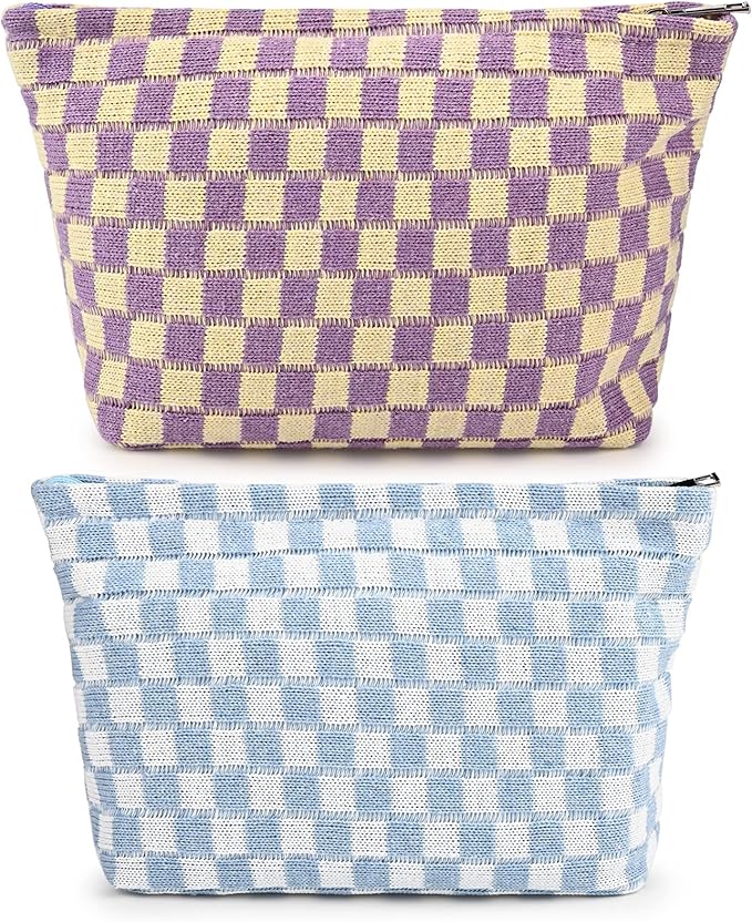 SOIDRAM 2 Pieces Makeup Bag Large Checkered Cosmetic Bag Capacity Canvas Travel Toiletry Bag Organizer Cute Makeup Brushes Aesthetic Accessories Storage Bag for Women,Checkered L Purple Light blue