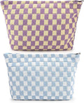SOIDRAM 2 Pieces Makeup Bag Large Checkered Cosmetic Bag Capacity Canvas Travel Toiletry Bag Organizer Cute Makeup Brushes Aesthetic Accessories Storage Bag for Women,Checkered L Purple Light blue