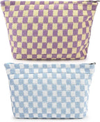 SOIDRAM 2 Pieces Makeup Bag Large Checkered Cosmetic Bag Capacity Canvas Travel Toiletry Bag Organizer Cute Makeup Brushes Aesthetic Accessories Storage Bag for Women,Checkered L Purple Light blue