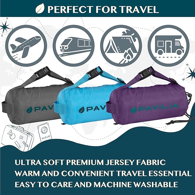 PAVILIA Travel Blanket Airplane Compact with Bag, Soft Packable Plane Blanket Kids Adults, Portable Camping Flight Essentials, Travelers Gifts Accessories, Luggage Backpack Strap, 65x40 Teal Blue