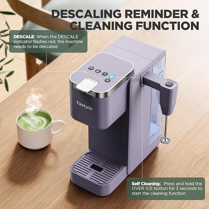 Tastyle Single Serve Coffee Maker with Built-in Detachable Milk Frother, Iced and Hot Coffee Machine for K Cup & Grounds, 40oz Removable Water Reservoir, 6 Cup Sizes, Fits 7.3" Travel Mug, Purple