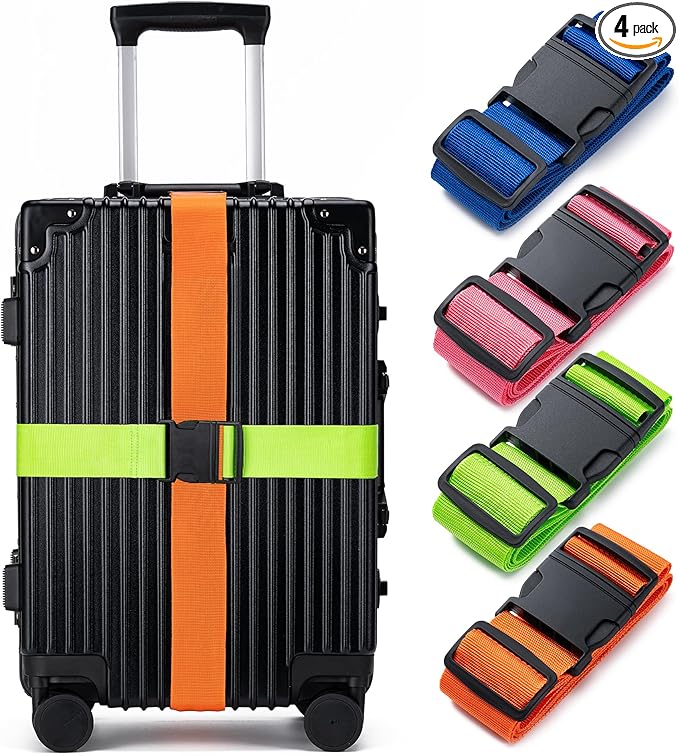 Luggage Straps for Suitcases 4 Pack, TSA Approved Travel Essentials, Luggage Strap for Travel Suitcase & Bag Closure and for Easy Identification, Travel Accessories for Safety (Mixed Colors)