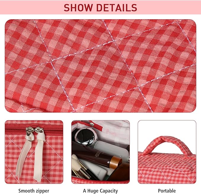 Gosect Large Makeup Bag, Cute Cosmetic Bag for Women Girls, Floral Coquette Aesthetic Toiletry Bag, Travel Make Up Organizer Bag(Red Checkered)