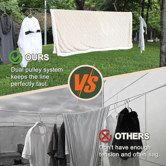 Vigorport Outdoor Retractable Clothesline, Portable Travel Clothes Line, Heavy Duty Rope Pully System with Metal Carabiner & Nylon Coating Wire Ropes for Camping, RV, Backyard（40Ft）