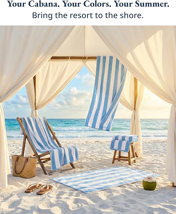 LANE LINEN 100% Cotton Beach Towel- Pack of 4 Beach Towels Set, Cabana Stripe Pool Oversized Beach Towels for Adults (30" x 60”), Highly Absorbent, Large Beach Towel, Quick Dry Towel - Light Blue