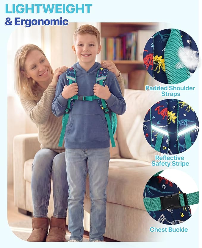 VASCHY Boy Kids Backpack & Lunch Bag Set, 2-in-1 School Bookbag with Insulated Lunch Box for Preschool, Daycare, Kindergarten & Elementary School – Navy Dinosaurs