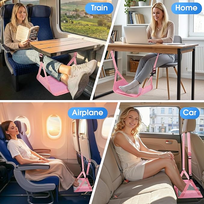 2 Pack Airplane Foot Rest - Lightweight Foot Hammock for Plane Travel with Adjustable Strap & Thick Board, Tray Table Under Desk Footrest to Relax Feet, Travel Essentials for Long Flights(Pink)