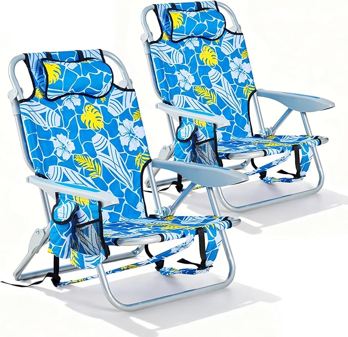 2 Pack Lightweight Portable Camping Beach Chair for Adult, Outdoor Lay Flat Folding Beach Chairs with 5 Positions, Backpack Beach Chair with Towel Bar, Zipper Pouch, Cup Holder, Hawaiian Style