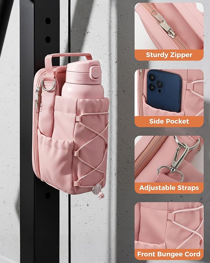 Magnetic Gym Bag for Men Women-Water Bottle Carrier Holder with Strap & Phone Pockets for 40oz Tumbler with Handle, 4 Built-in Magnets Small Gym Bag for Sports, (Pink)