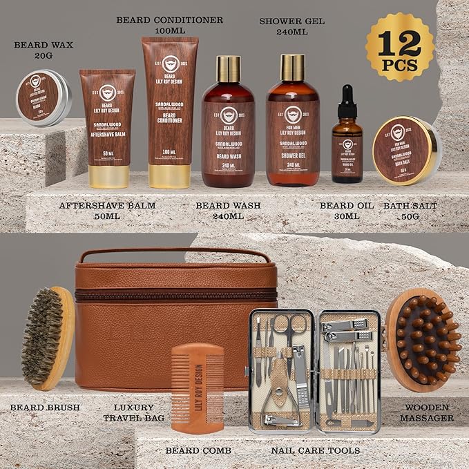 Fathers Day Spa Gift Set for Men - Luxuious 30-Piece Sandalwood Bath & Beard Gift Set for Men, Bath & Body Care Kit for Him with Beard Wax | Christmas, Valentines Day, Birthday, Gift for Father Dad