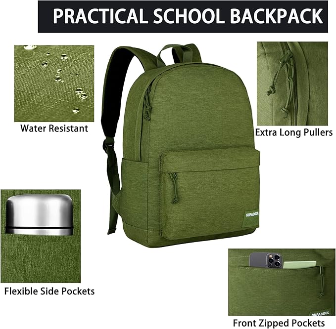 SUPACOOL Casual Laptop Backpack for Men and Women, Backpack for College, USB Charging Port, Lightweight Pack Back(Olive)