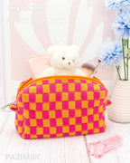 PAZIMIIK 6PCS Checkered Makeup Bag for Purse Portable Zipper Make Up Pouch Small Cosmetic Case for Travel Red Orange