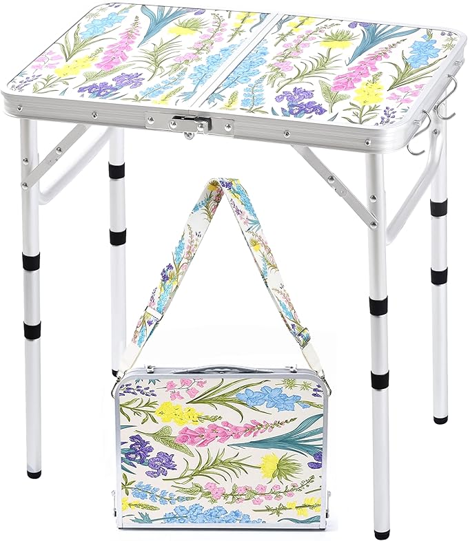 Folding Camping Table 2ft Portable Picnic Table Adjustable Height, Small Lightweight Aluminum Foldable Card Table,Hands-Free Carry for Outdoor Camp BBQ Beach (Blooming Floral with Shoulder Strap)