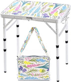 Folding Camping Table 2ft Portable Picnic Table Adjustable Height, Small Lightweight Aluminum Foldable Card Table,Hands-Free Carry for Outdoor Camp BBQ Beach (Blooming Floral with Shoulder Strap)