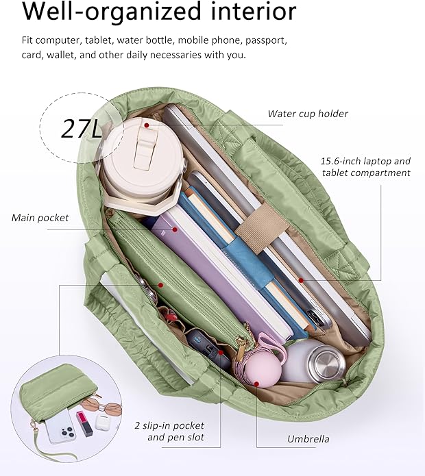 Puffer Tote Bag for Women, Lightweight Puffy Tote with Compartments, Shoulder Bag Crossbody Bags for Women Travel, Work, Gym