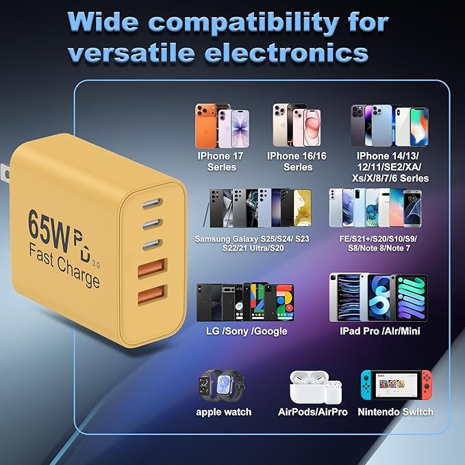 USB C Charger Block, 2-Pack 65W 6-Port USB C Wall Charger iPhone Charger Fast Charging PD Power Adapter+QC Wall Plug Multiport Type C Brick Chargers for iPhone 17 16 15 14 13 12 11 Pro Max XS,Yellow