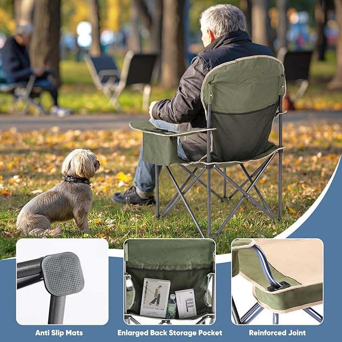 NEWBULIG Oversized Folding Camping Chair for Adults, Portable Outdoor Collapsible Chairs, 500 LBS Heavy Duty Support, with Cup Holders, Side Cooler & Pockets, for Lawn, Fishing, Hiking, Green