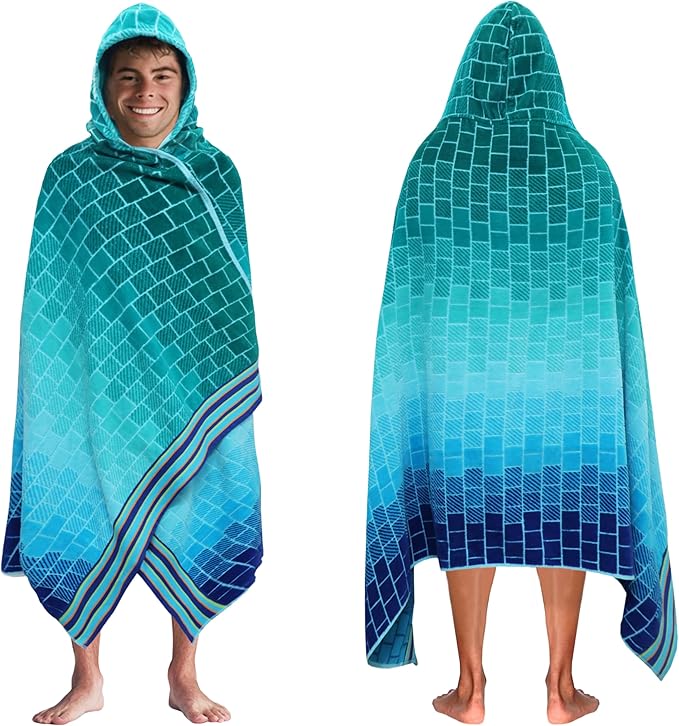 COTTON CRAFT Hooded Beach Towel - Oversized XXL 35x84 Towel with Hood for Adults - The Big Kahuna 7 Foot Large Beach Blanket Towel - Big & Tall - Soft 100% Cotton Velour Pool Bath Wrap - Blue Tiles
