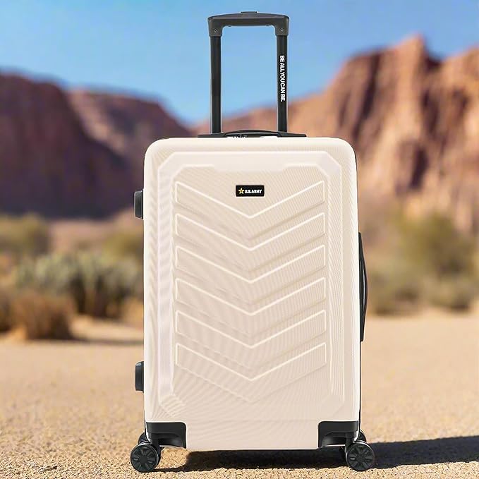 US ARMY Fox 24 inch Hardside Luggage with Spinner Wheels | Lightweight Medium Suitcase for Shorter Travel | Chevron Icon, Gel Handle, Side Studs, Retractable Trolley, Heavy Duty | Sand
