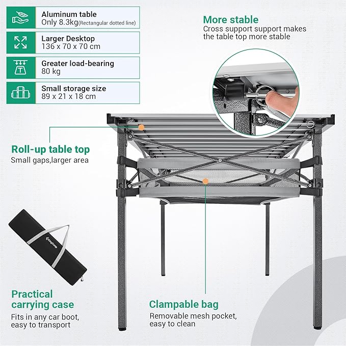 KingCamp Folding Camping Table, Portable Camp Table Foldable Aluminum Roll Up Seamless Desktop with Storage and Tall Legs for Outdoor Backyard Picnic