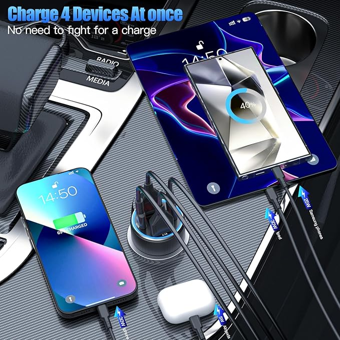 USB C Car Charger, 78W 4 Port Fast Charging Car Phone Charger Adapter with Voltage Monitor, Metal PD PPS Dual USB C Car USB Adapter for iPhone 17 16 15 Pro, iPad, Samsung Glaxy, Android