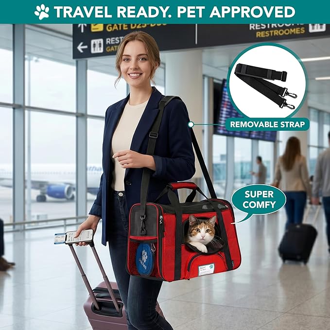 PetAmi Airline Approved Pet Carrier for Cats & Small Dogs, Soft Sided TSA Travel Carrier Bag with Sherpa Bed, Breathable Mesh Ventilation, Collapsible Bowl, Fits Under Seat, Up to 18 lbs, Large Red