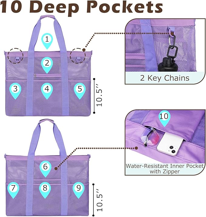 Fammart Mesh Beach Bag with Zipper, Large Beach Tote for Women, Toys Pool Swim Bag Travel Vacation Cruise Essentials