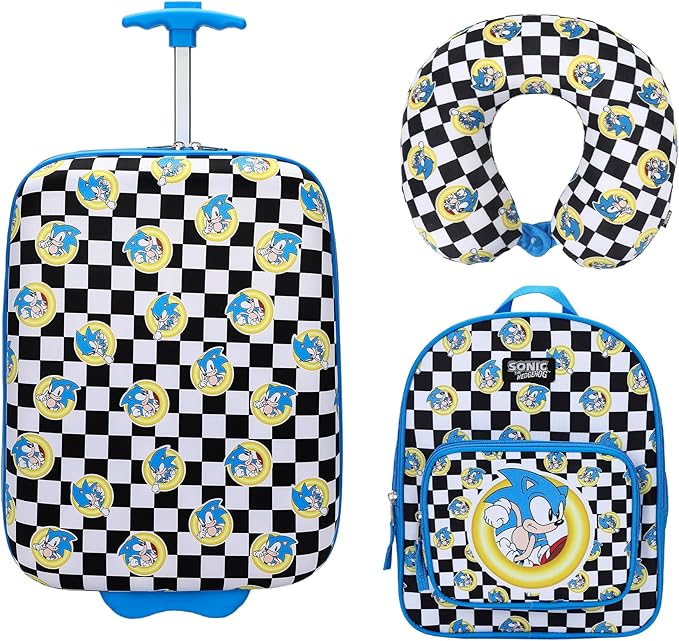 Bioworld Sonic the Hedgehog Kids' 3-Piece Travel Set With Luggage, Backpack, and Neck Pillow