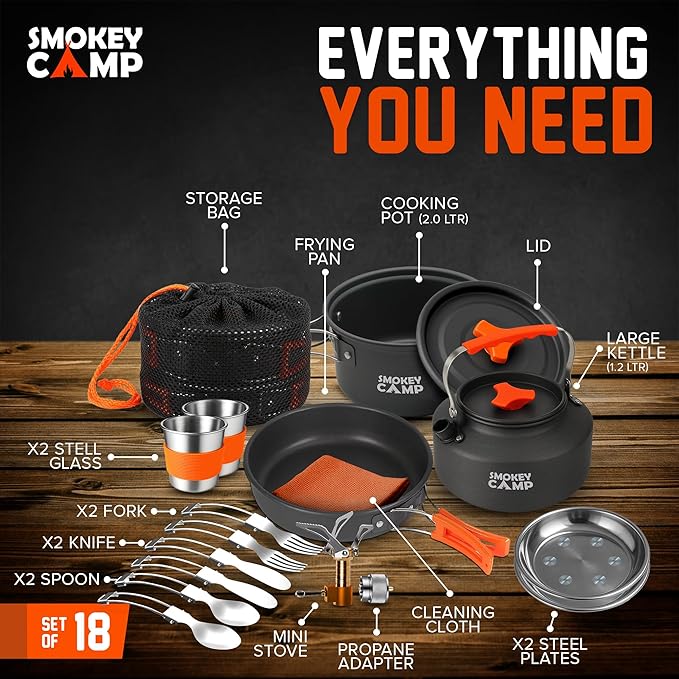 Smokey Camp Camping Cookware Mess Kit Set with Stove - Backpacking Camping Pots and Pans Set, All in One Non-Stick Camping Cooking Set, Portable Stove, Hiking, Picnic, Outdoor & Camping Cookware Set
