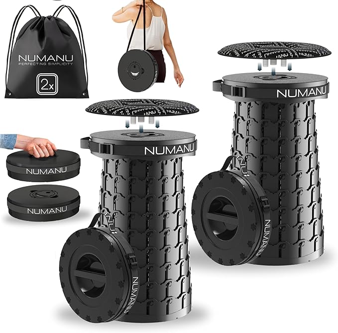 NUMANU 2PACK 2026 Upgraded XXL Collapsible Stool 19.7", 1000lbs Max Weight, Wider & Taller Pop Up Seat, Heavy Duty Portable Retractable Folding Chair or Travel Foot Rest, Gift for Camping & Outdoors