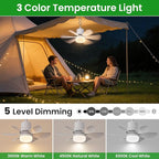 Solar Ceiling Fan with Light, 18000mAh Rechargeable Camping Fan with Remote, 450CFM Strong Airflow, 17.5'' Portable Outside Battery Powered Ceiling Fan for Gazebo, Canopy, Tent, RV