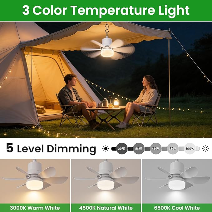 Solar Ceiling Fan with Light, 18000mAh Rechargeable Camping Fan with Remote, 450CFM Strong Airflow, 17.5'' Portable Outside Battery Powered Ceiling Fan for Gazebo, Canopy, Tent, RV