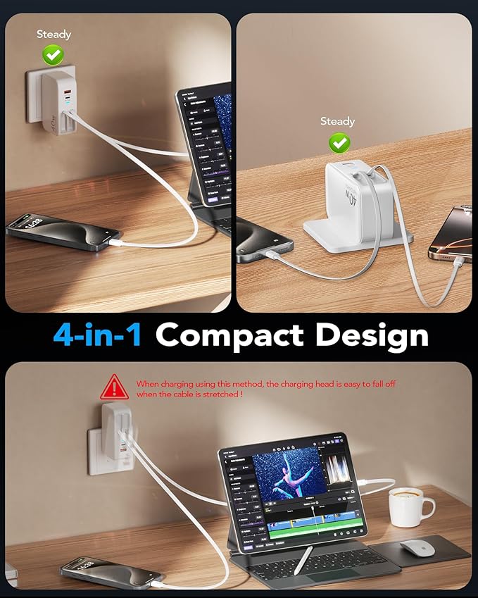 Retractable USB C Charger Wall Plug with 35.5in/90cm Type C Cables Cords,40W Fast Charging Foldable Block Multi Charger for All Devices for iPhone 17/16/15/14/13/12,iPad,Galaxy,Pixel