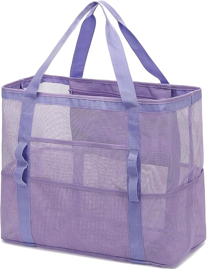 Fammart Mesh Beach Bag with Zipper, Large Beach Tote for Women, Toys Pool Swim Bag Travel Vacation Cruise Essentials