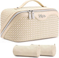 BOYATU Travel Makeup Bags for Women: Large Capacity Make up Bag with Wide Opening - 3 Pcs Set Waterproof Travel Toiletry Organizer for Full-Sized Bottles, Cosmetics & Brushes (Apricot-W)