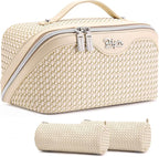 BOYATU Travel Makeup Bags for Women: Large Capacity Make up Bag with Wide Opening - 3 Pcs Set Waterproof Travel Toiletry Organizer for Full-Sized Bottles, Cosmetics & Brushes (Apricot-W)
