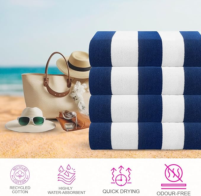 CASA COPENHAGEN Cabana Towel 4Pcs Cobalt Designer Stripe Beach Towels Gift Set, 30"x60" Oversized 100% Cotton Pool Bath Towel for Beach Gift Set (Perfect Summer Gift Set for Women & Men)