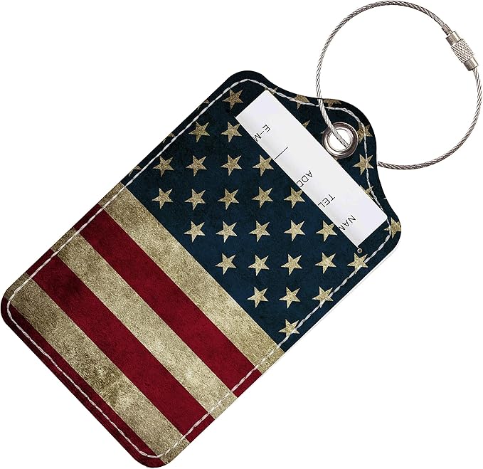 Luggage Tags for Suitcases, 2 Pack Cute PU Leather Suitcase Tag Identifiers TSA Approved with Stainless Steel Loop and Address Card for Baggage Tag for Travel Essentials Flag, by Chelmon