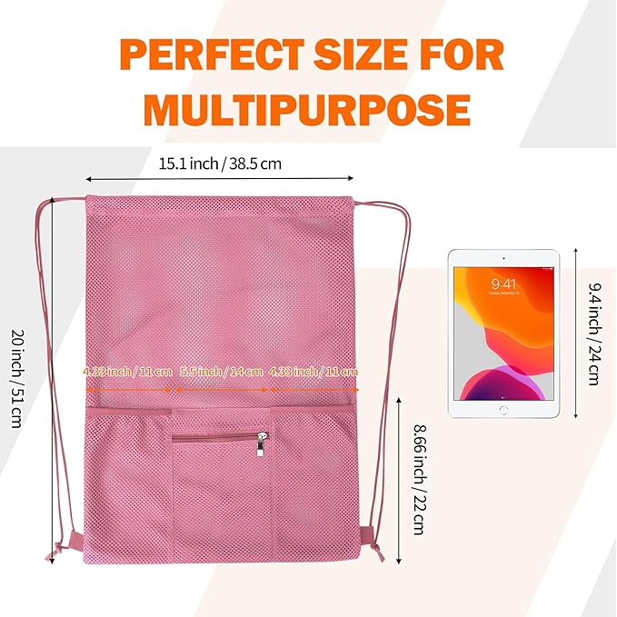 NATURAL STYLE Mesh Drawstring Backpack Bag, Gym Sports Bag with Zipper Pocket Bottle Holder, String Beach Bag for Swiming Travel (Pink)