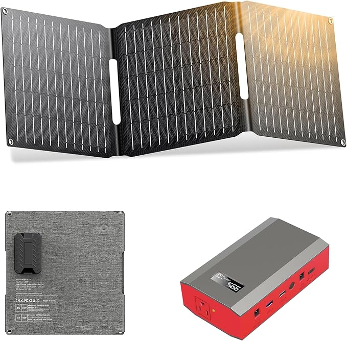 ZeroKor Portable Power Bank with Foldable Solar Panel, 110V 65W AC Outlet Portable Power Station with Solar Panel Charger for Outdoor Smart Devices Camping RV Travel Emergency Power Outage Backup