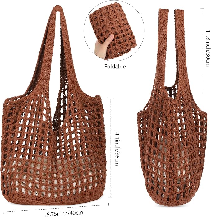 WantGor Crochet Bags, Beach Mesh Tote Bag Womens Shoulder Shopping Handbag Casual Travel Totes Bag Foldable Hobo Bags