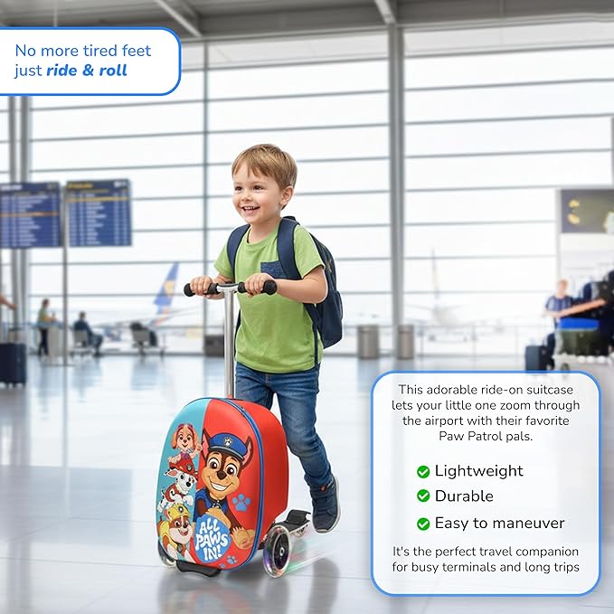 Paw Patrol Ride On Suitcase for Kids - Scooter Luggage with Light Up Wheels, Easy Steer and Foldable Carry On Kick Scooter for Toddler, Boys, Girls, Great Travel Gift Idea
