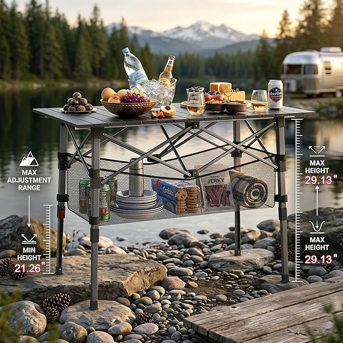 Portable Camping Table with Adjustable Height Legs, Lightweight Aluminum Roll-up beach tables for sand foldable，Folding Picnic Table Large Storage Basket for Outdoor camping (Black, Medium 37")