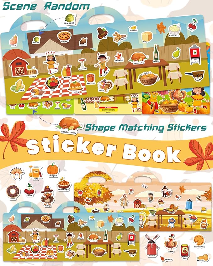 Walenced Reusable Sticker Book for Toddlers, Stickers for Kids, Toddler Sticker Book, Toddler Craft Activities, Toddler Travel Toys Boy Girl Birthday Gifts - Thanksgiving