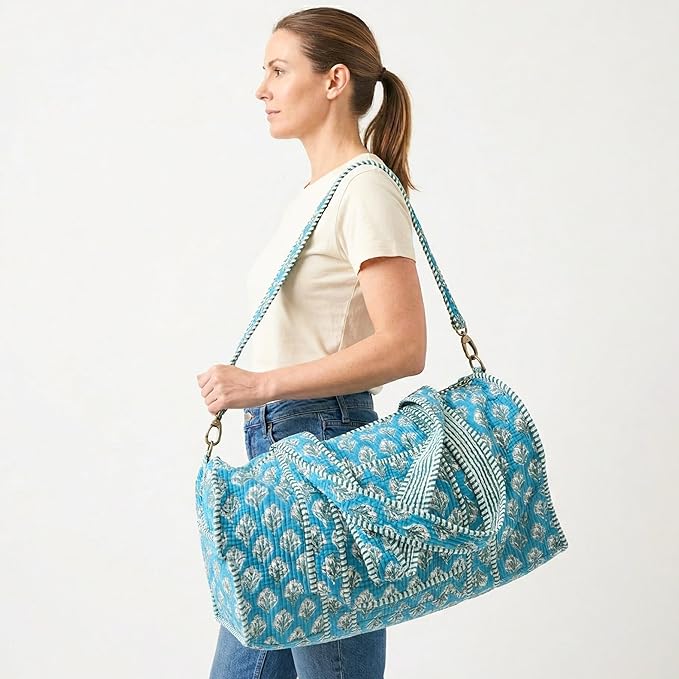 ATOSII Handblock Print 100% Cotton Large Quilted Duffle Bag for Overnight Trip, Travel Weekend Bag, Luggage, 2 Pockets with Zipper, 1 Front Pocket, Detachable Long Strap, 20 X 10 X 12 Inches, Nilo