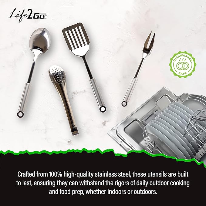 Life 2 Go 12 Pcs Camp Cooking Utensil Set & Outdoor Kitchen Gear Cookware Kit, Portable Compact Carry Case for Camping, Hiking, Travel, BBQ Grilling Stainless Steel Accessories Spoon & Fork, Navy