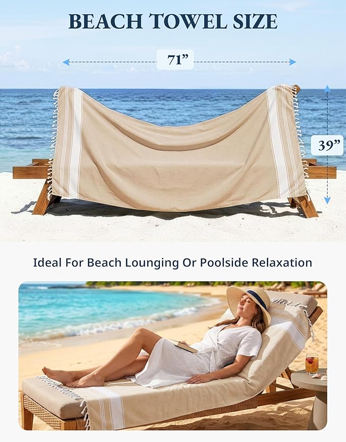 LANE LINEN Oversized Beach Towels, 2 Pack Turkish Towel Set for Adults, Lightweight, Quick Dry, Absorbent & Sand Proof, 39"x71" Pool Towels – Beige